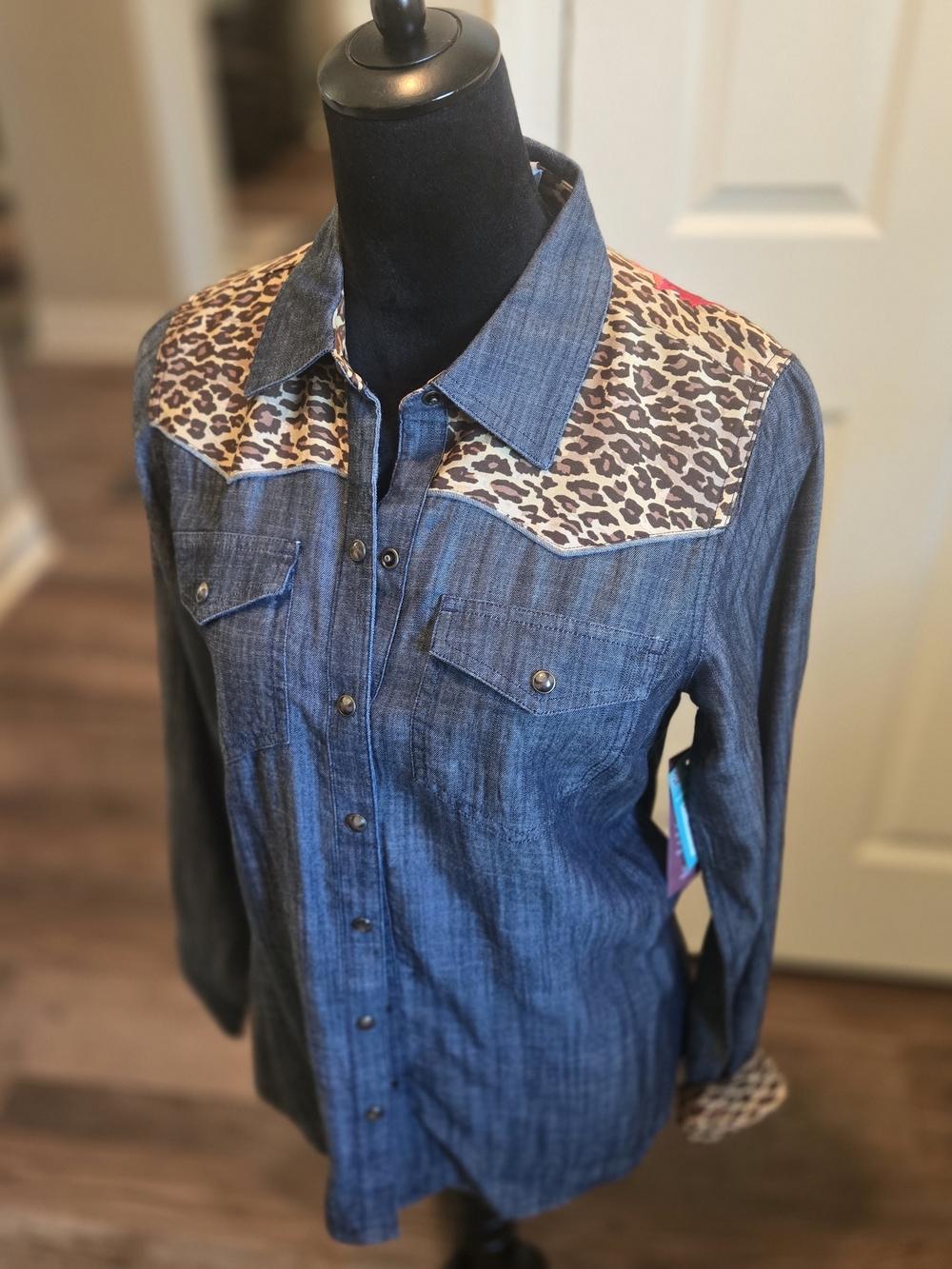 Ariat Denim-Look Button-Down Shirt with Leopard Yoke